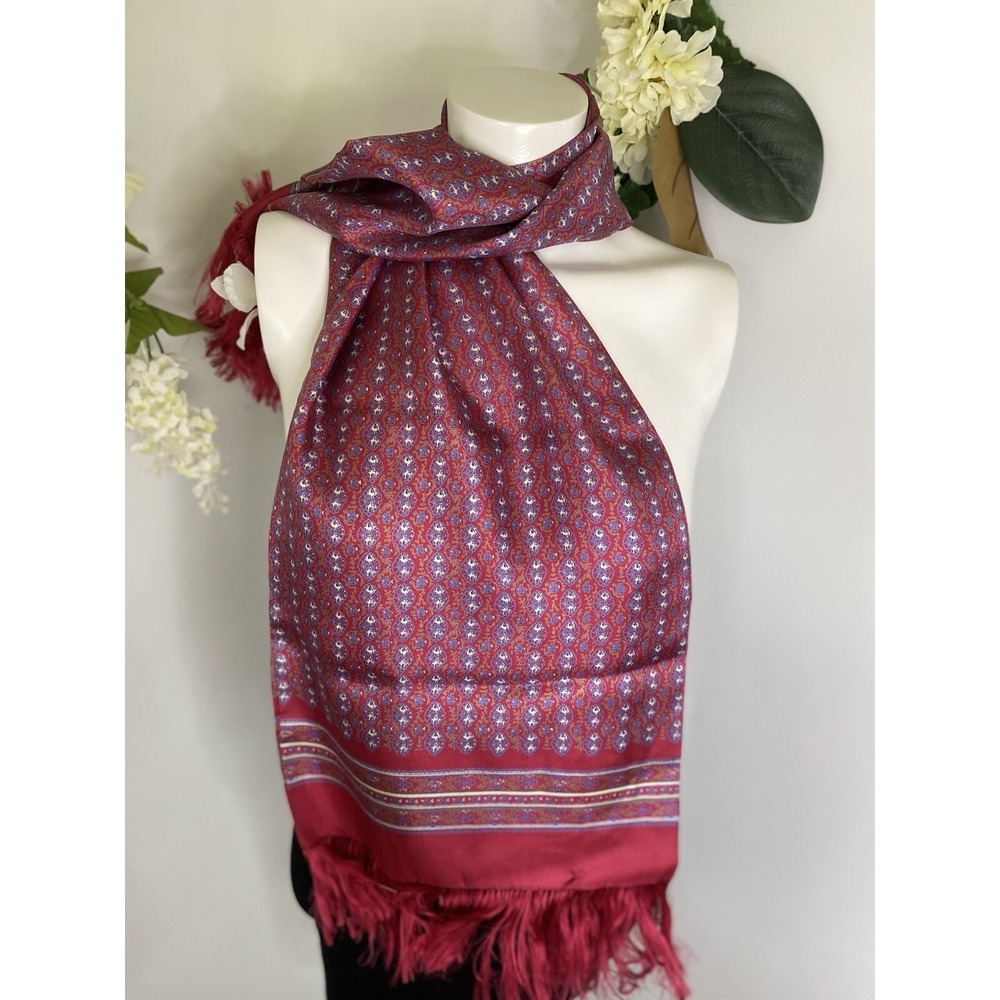 Japanese 100% Silk Fringe Vintage Red White Blue Rectangular Scarf 12"x45" NWOT - Picture 15 of 16